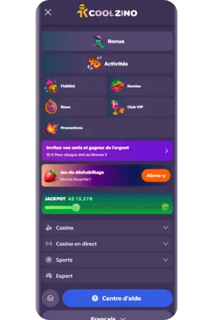 Menu navigation Coolzino jeux catégories sections disponibles