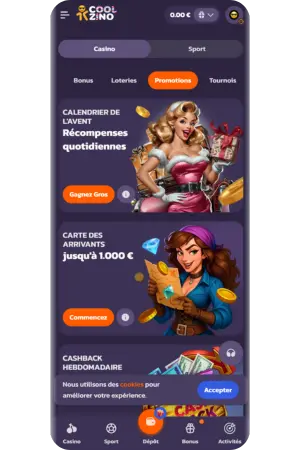 Promotions Coolzino bonus d'inscription offres tours gratuits